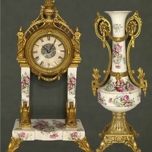 Antique Rococo Mantle Clock/Urn Garniture Set- Porcelain & Gilt White Pink Roses
